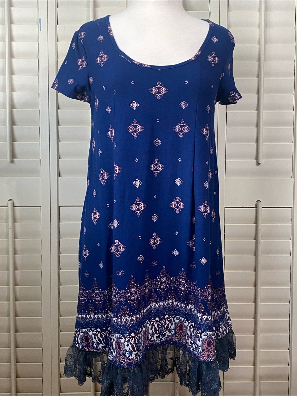 Pink Rose Navy Printed Short-Sleeve Mini Dress with Border Print